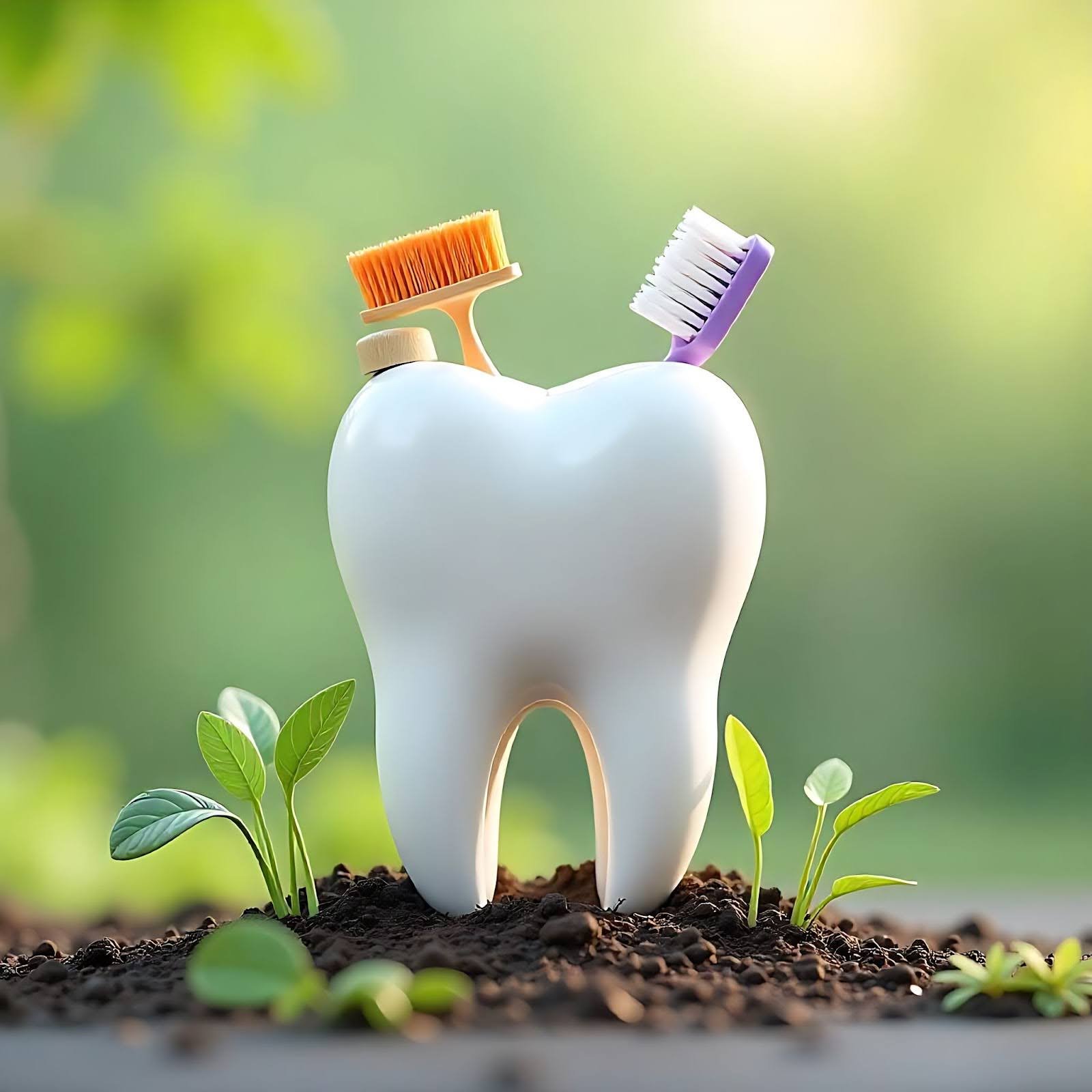 Illustration of a tooth with toothbrushes, representing daily brace care